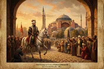 Sultan Mehmed II entering Istanbul on white horse, Hagia Sophia in background
